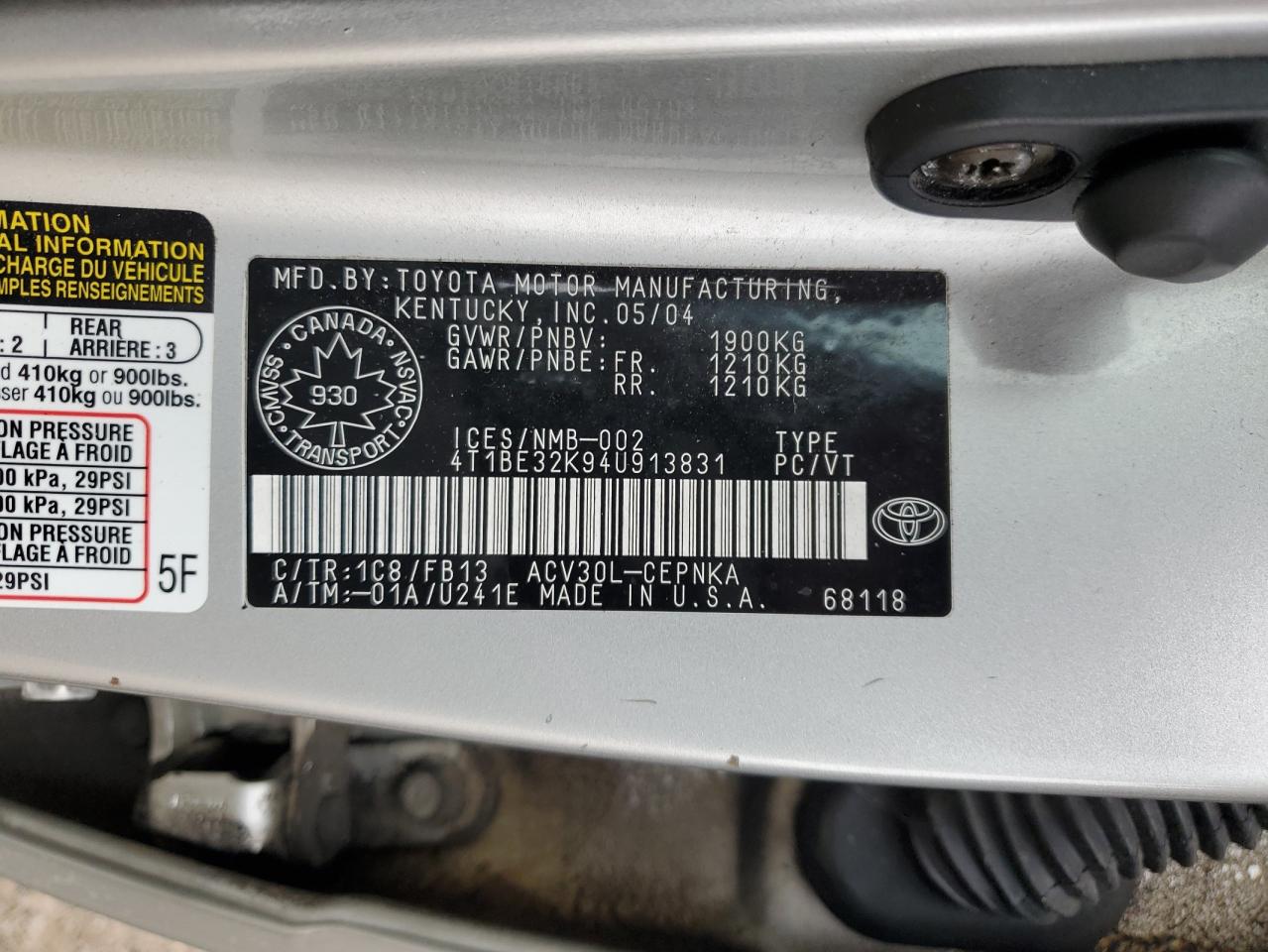 4T1BE32K94U913831 2004 Toyota Camry Le