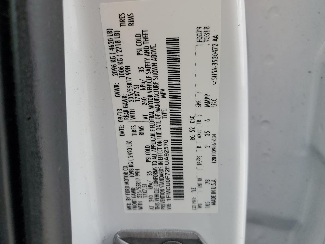 1FMCU0F72EUA92570 2014 Ford Escape S