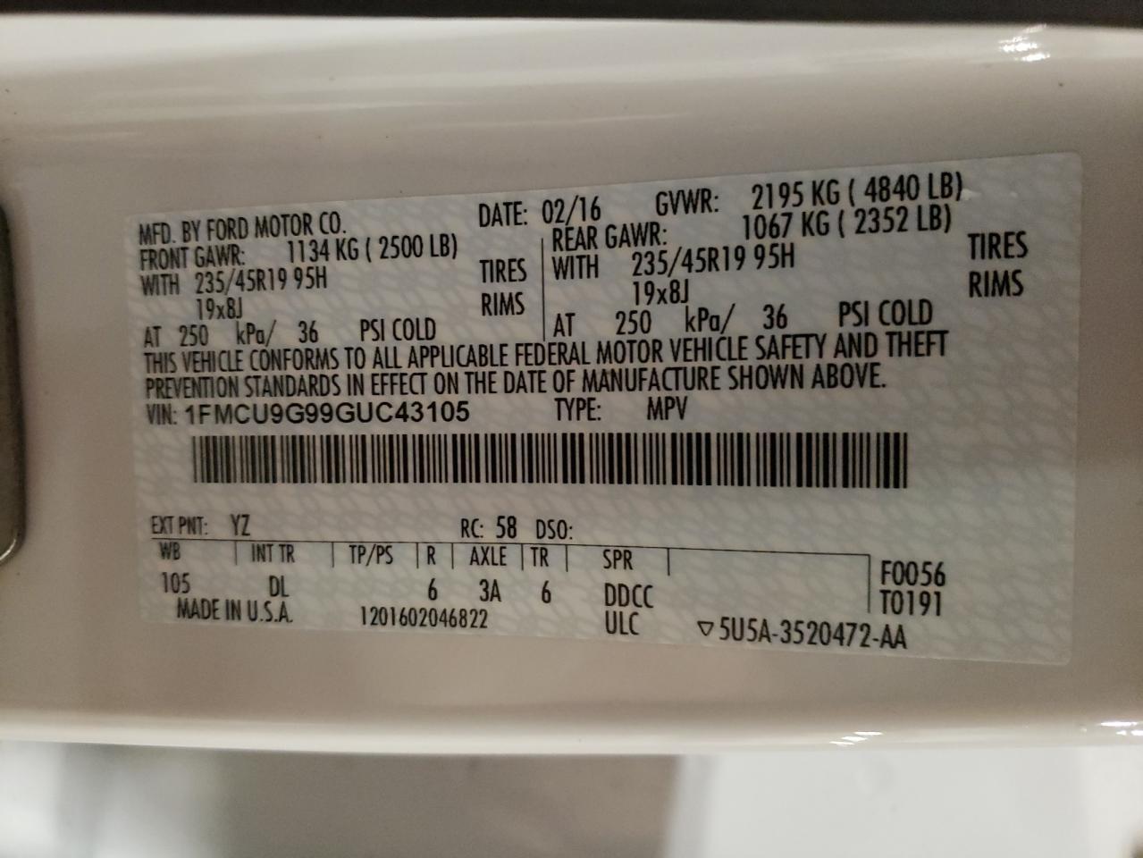1FMCU9G99GUC43105 FORD ESCAPE 2016