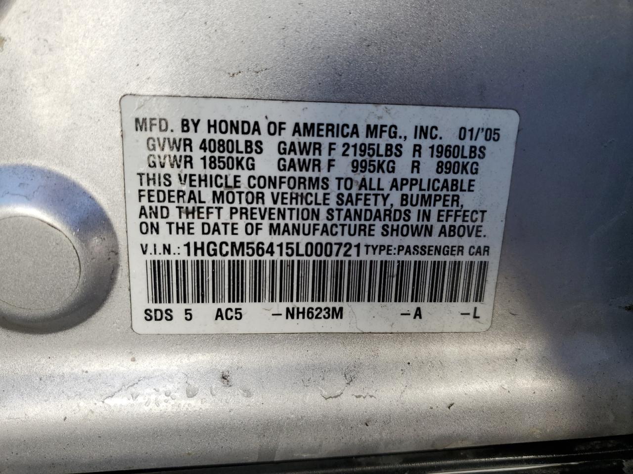 1HGCM56415L000721 2005 Honda Accord Lx