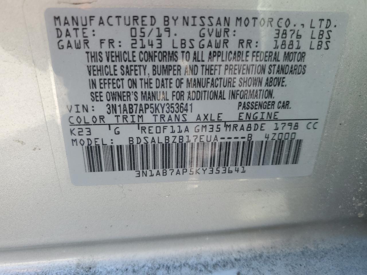 3N1AB7AP5KY353641 2019 Nissan Sentra S