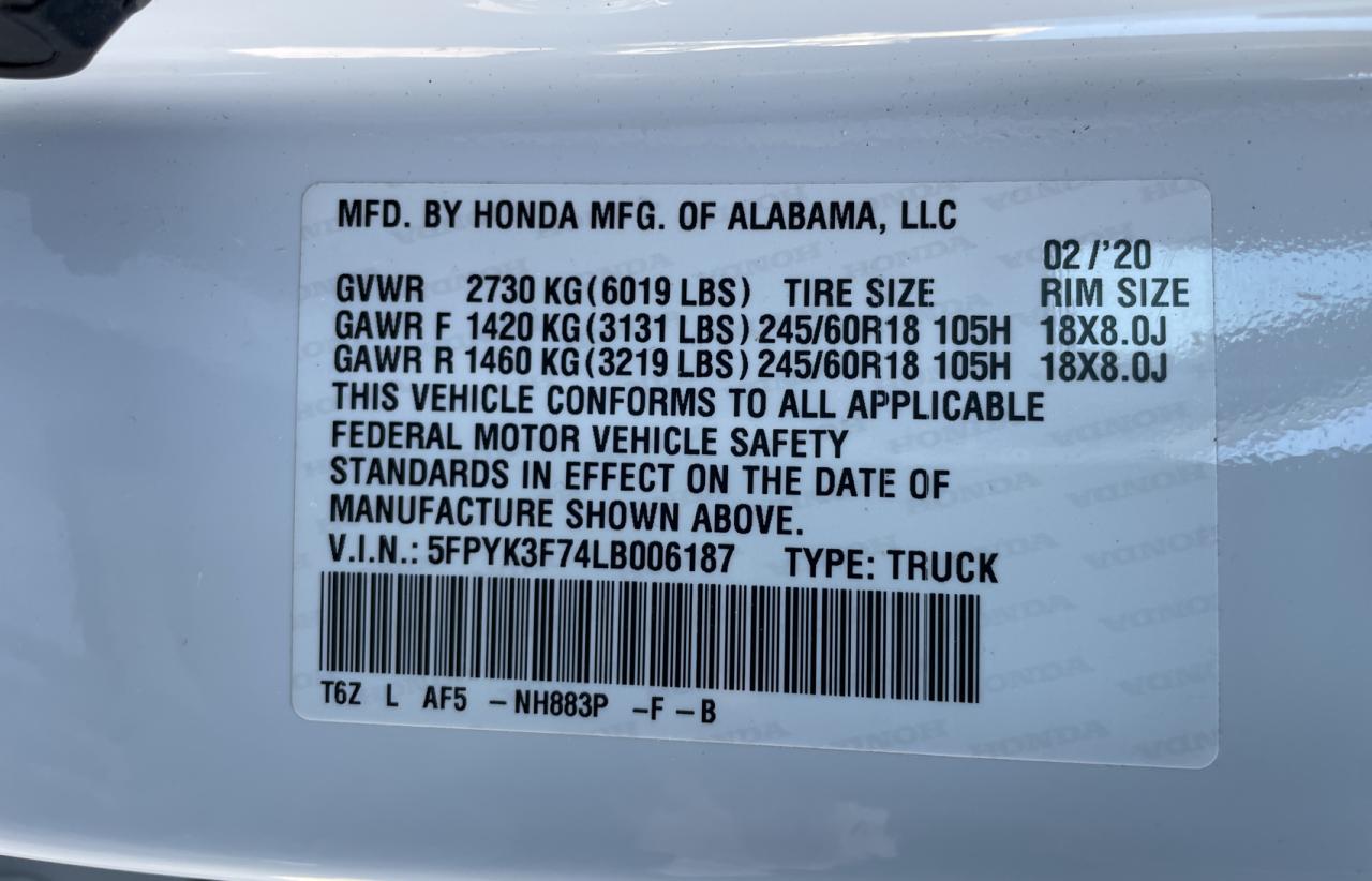VIN: 5FPYK3F74LB006187 2020 HONDA RIDGELINE