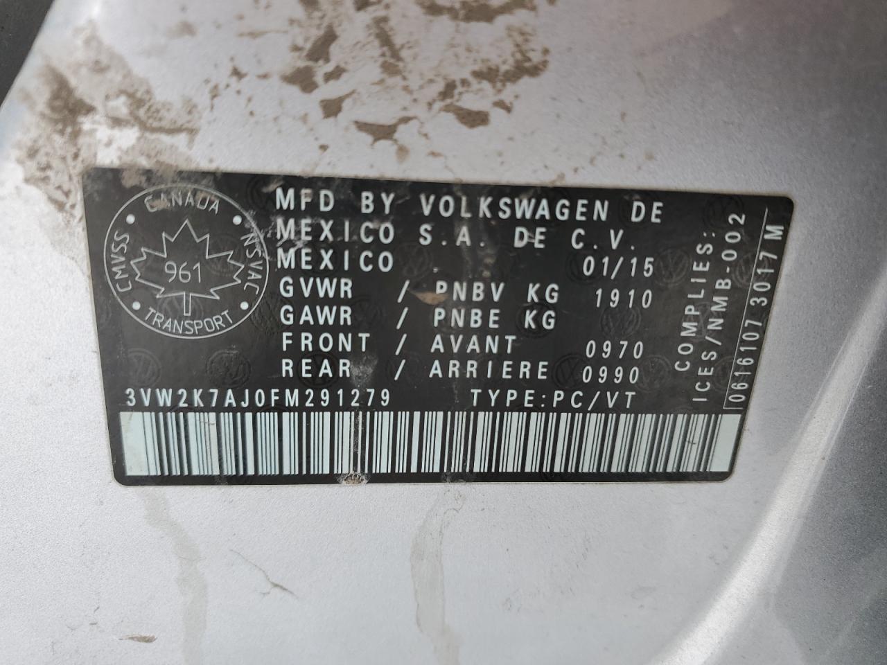 3VW2K7AJ0FM291279 2015 Volkswagen Jetta Base