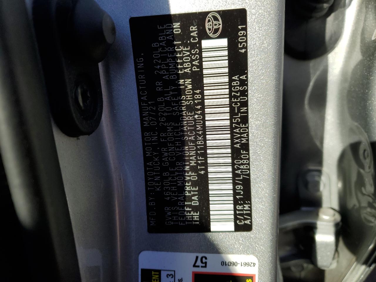 4T1F11BK4MU044184 TOYOTA CAMRY 2021