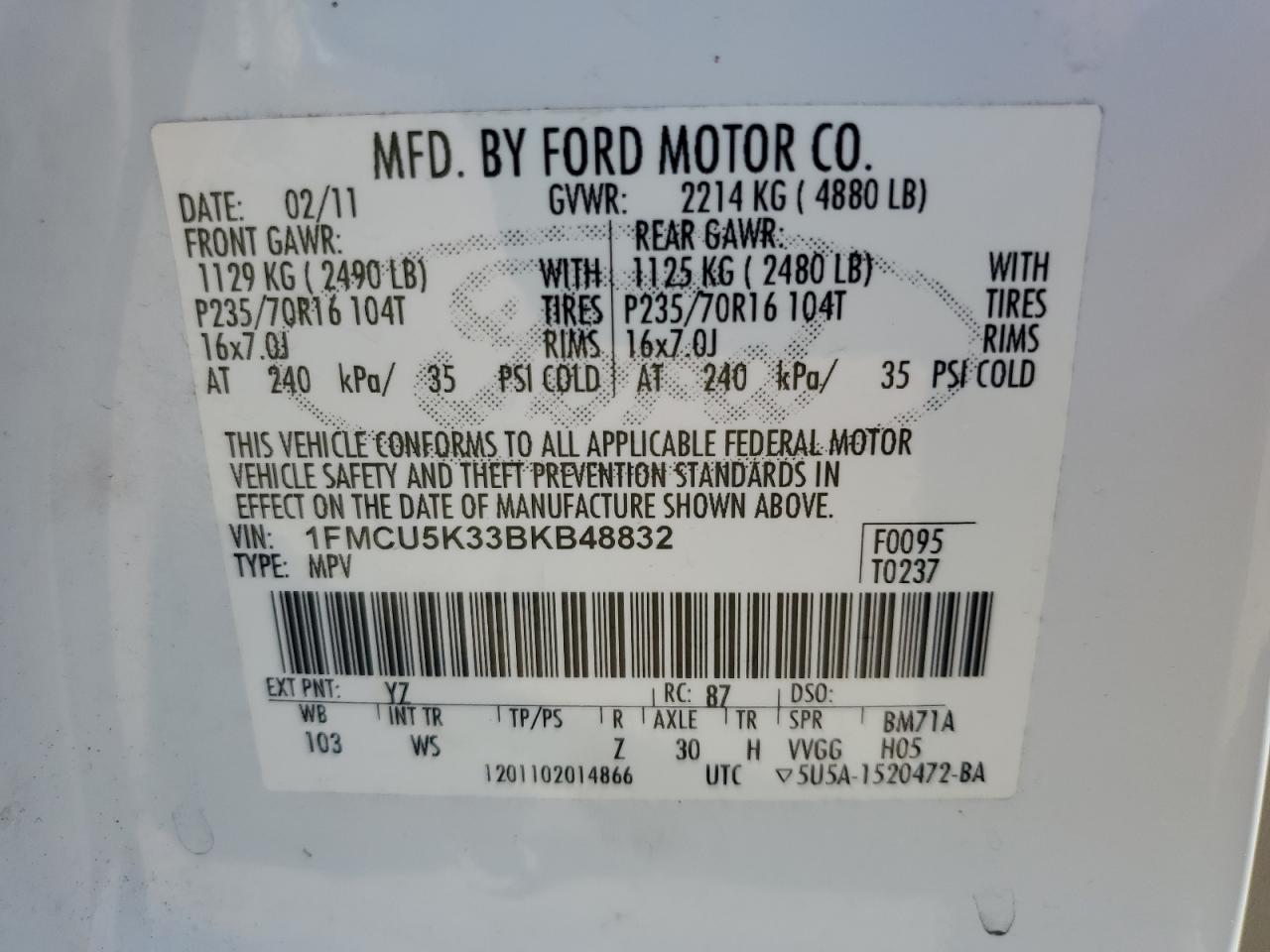 1FMCU5K33BKB48832 2011 Ford Escape Hybrid