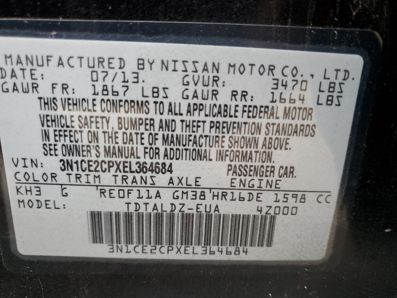 3N1CE2CPXEL364684 2014 Nissan Versa Note S