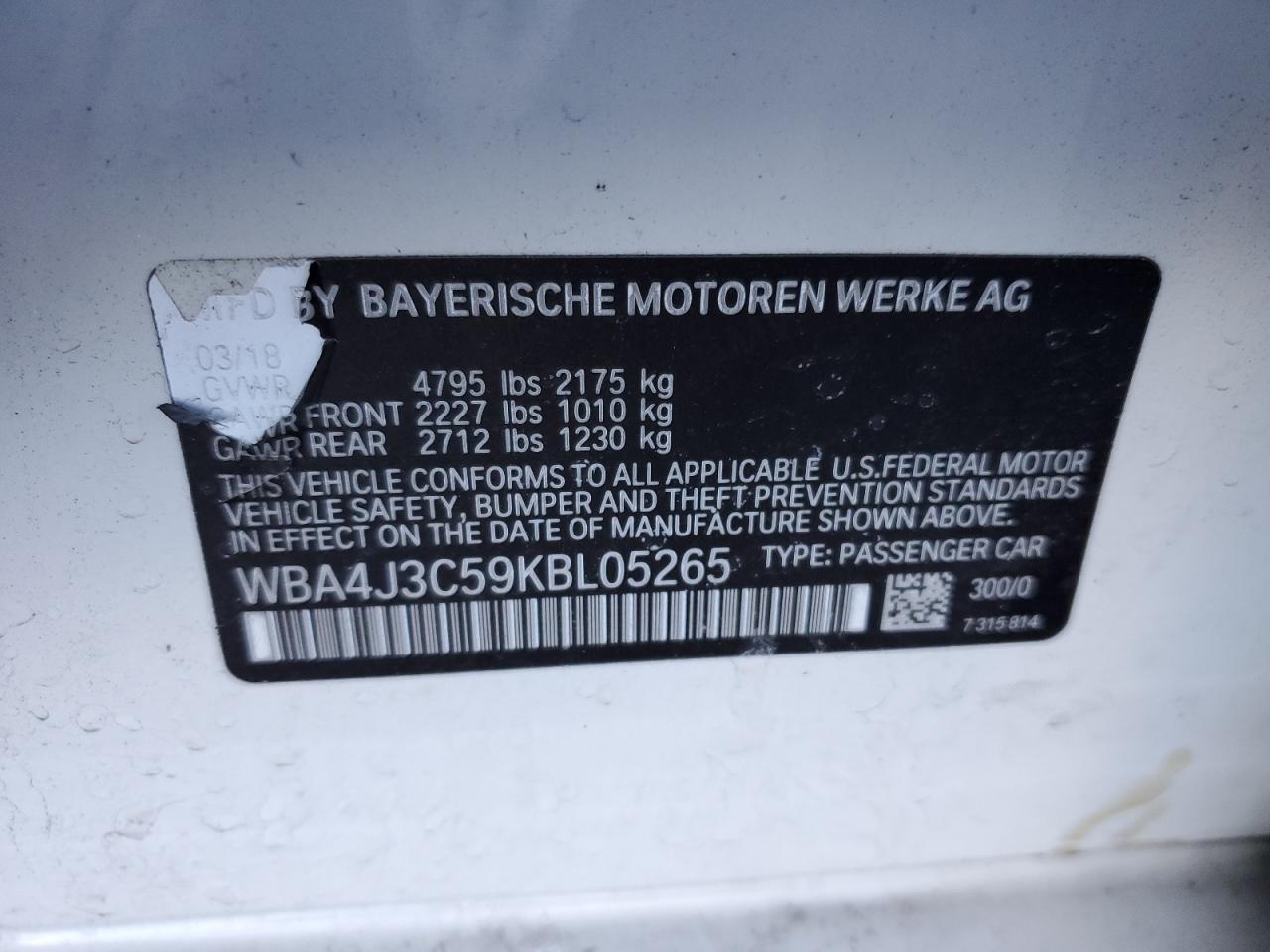 WBA4J3C59KBL05265 BMW 4 SERIES 2019