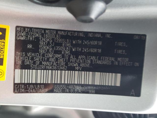 VIN 5TDJZRFH6KS613462 2019 Toyota Highlander, SE no.13