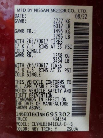 2022 NISSAN FRONTIER S - 1N6ED1EK1NN695302