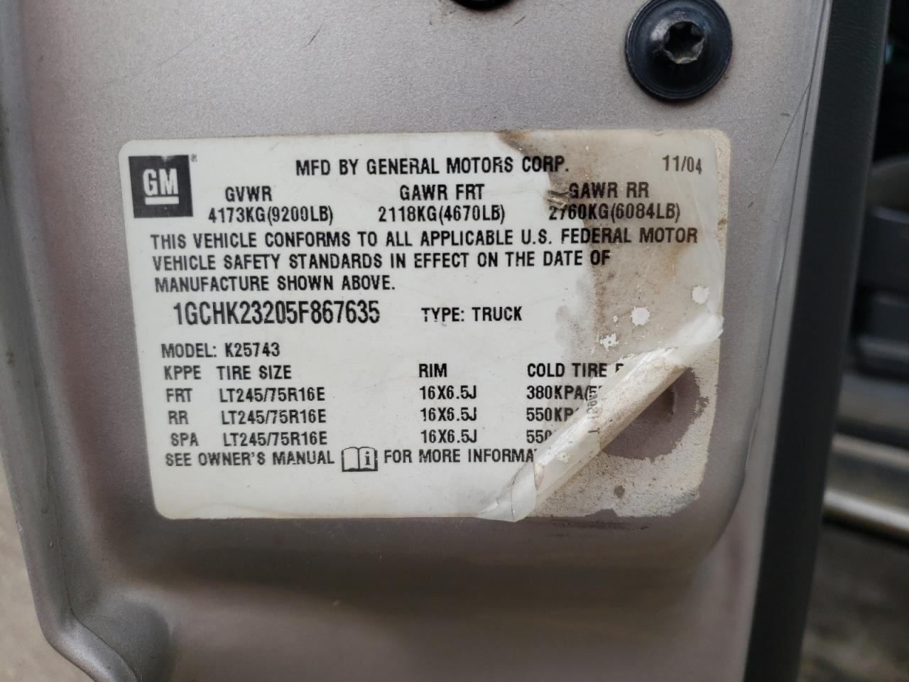 1GCHK23205F867635 2005 Chevrolet Silverado K2500 Heavy Duty