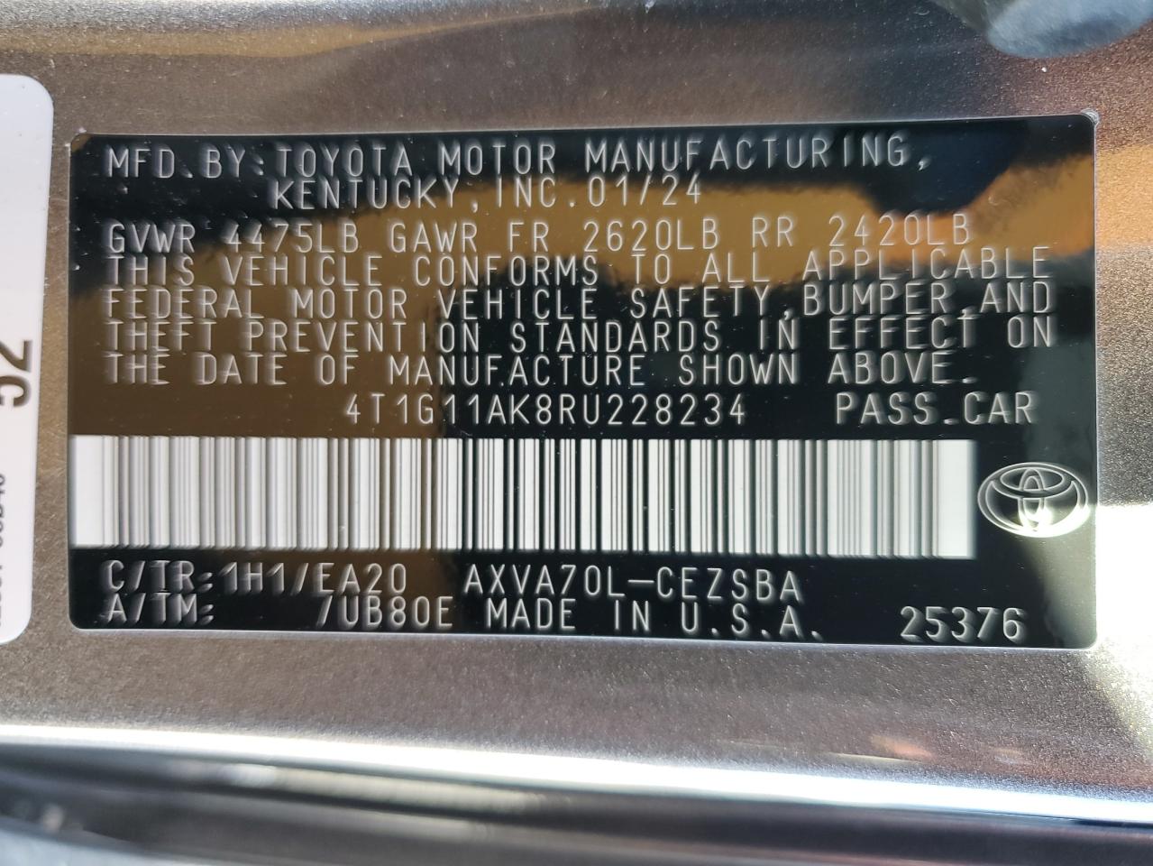 4T1G11AK8RU228234 TOYOTA CAMRY 2024