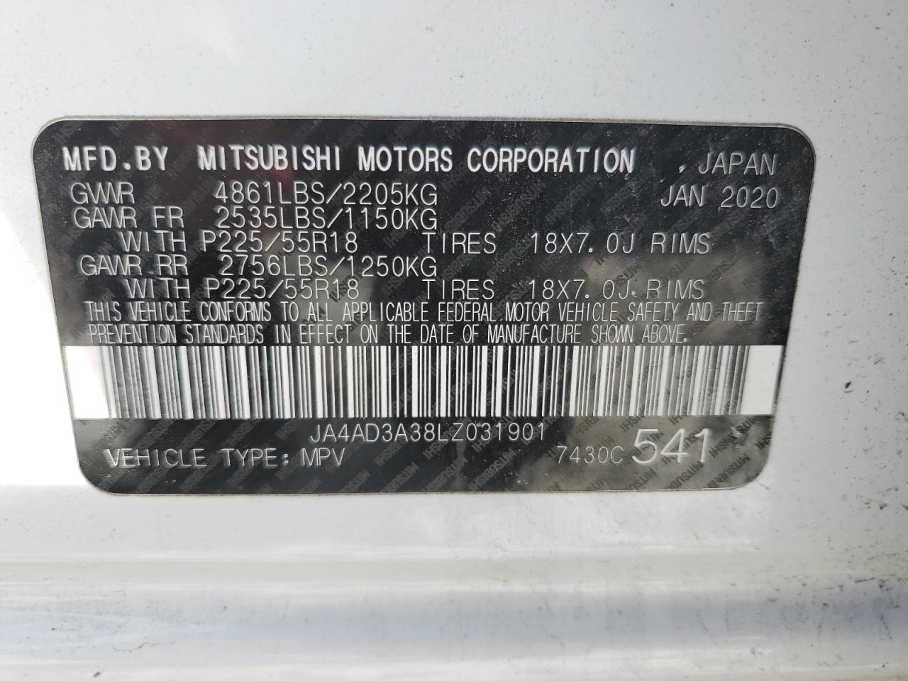 JA4AD3A38LZ031901 2020 Mitsubishi Outlander Se