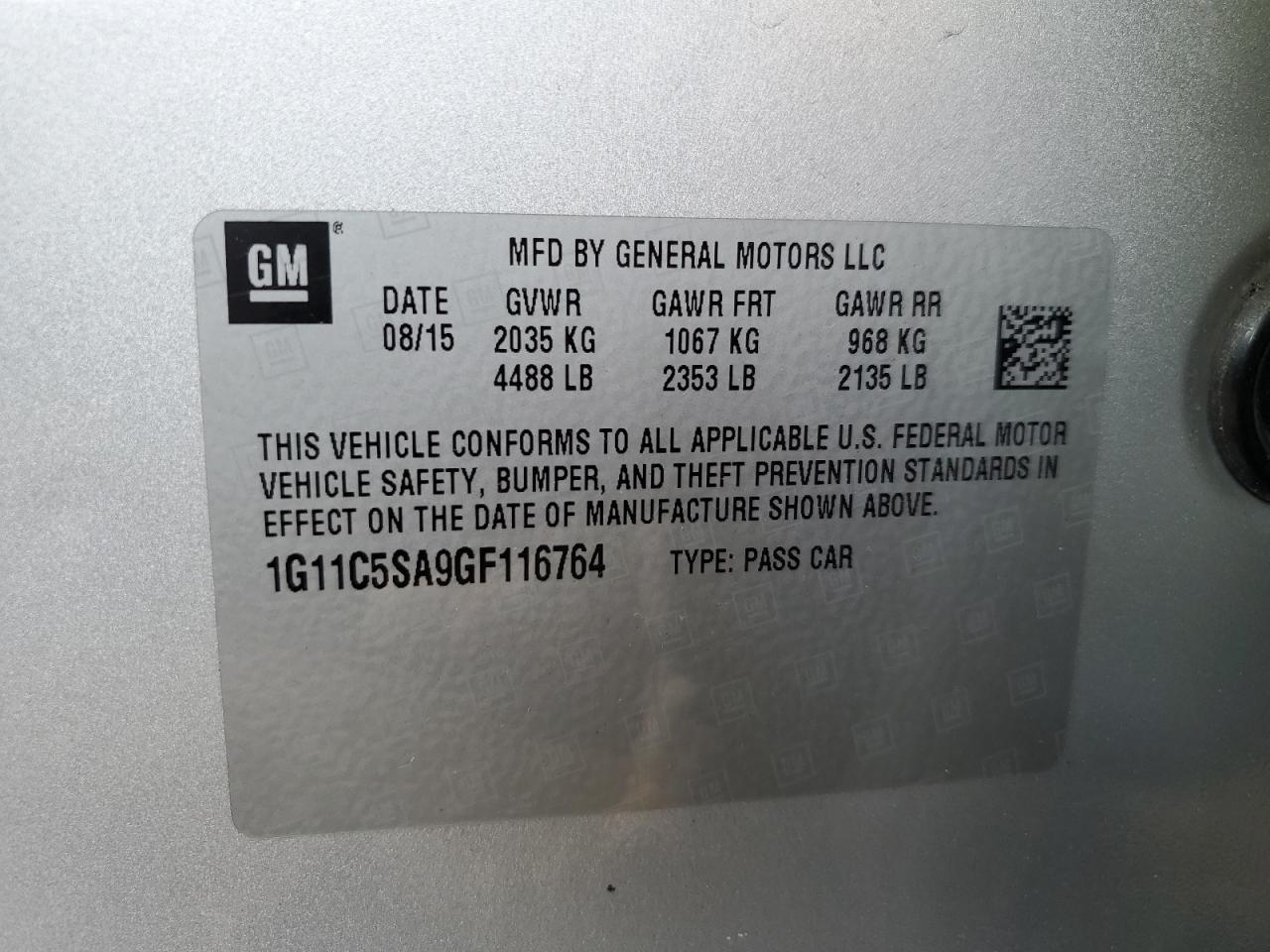 1G11C5SA9GF116764 CHEVROLET MALIBU 2016