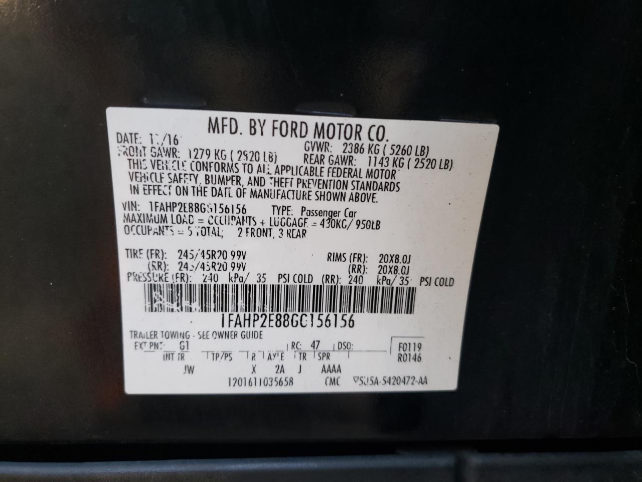 1FAHP2E88GG156156 FORD TAURUS 2016