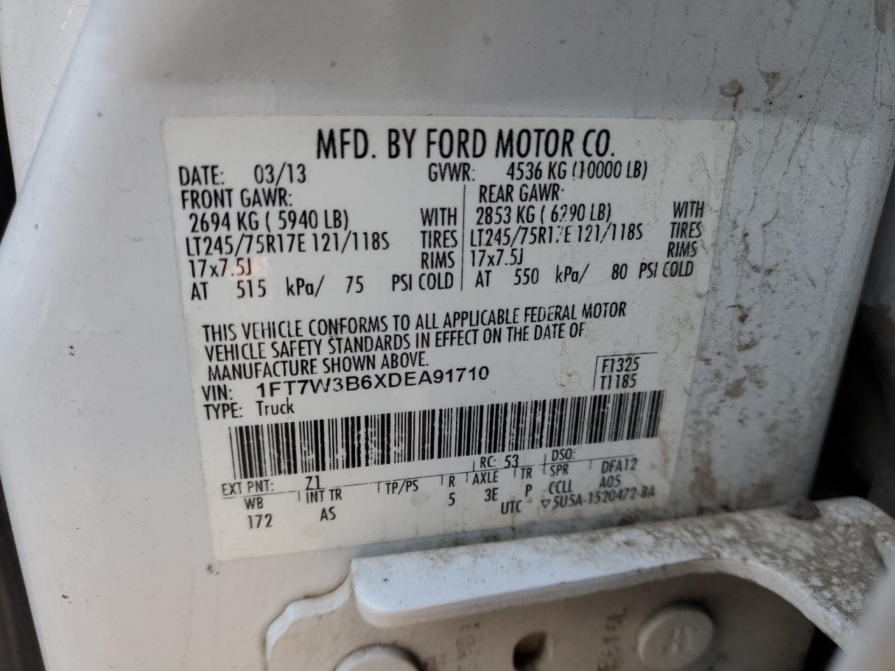 2013 Ford F350 Super Duty vin: 1FT7W3B6XDEA91710