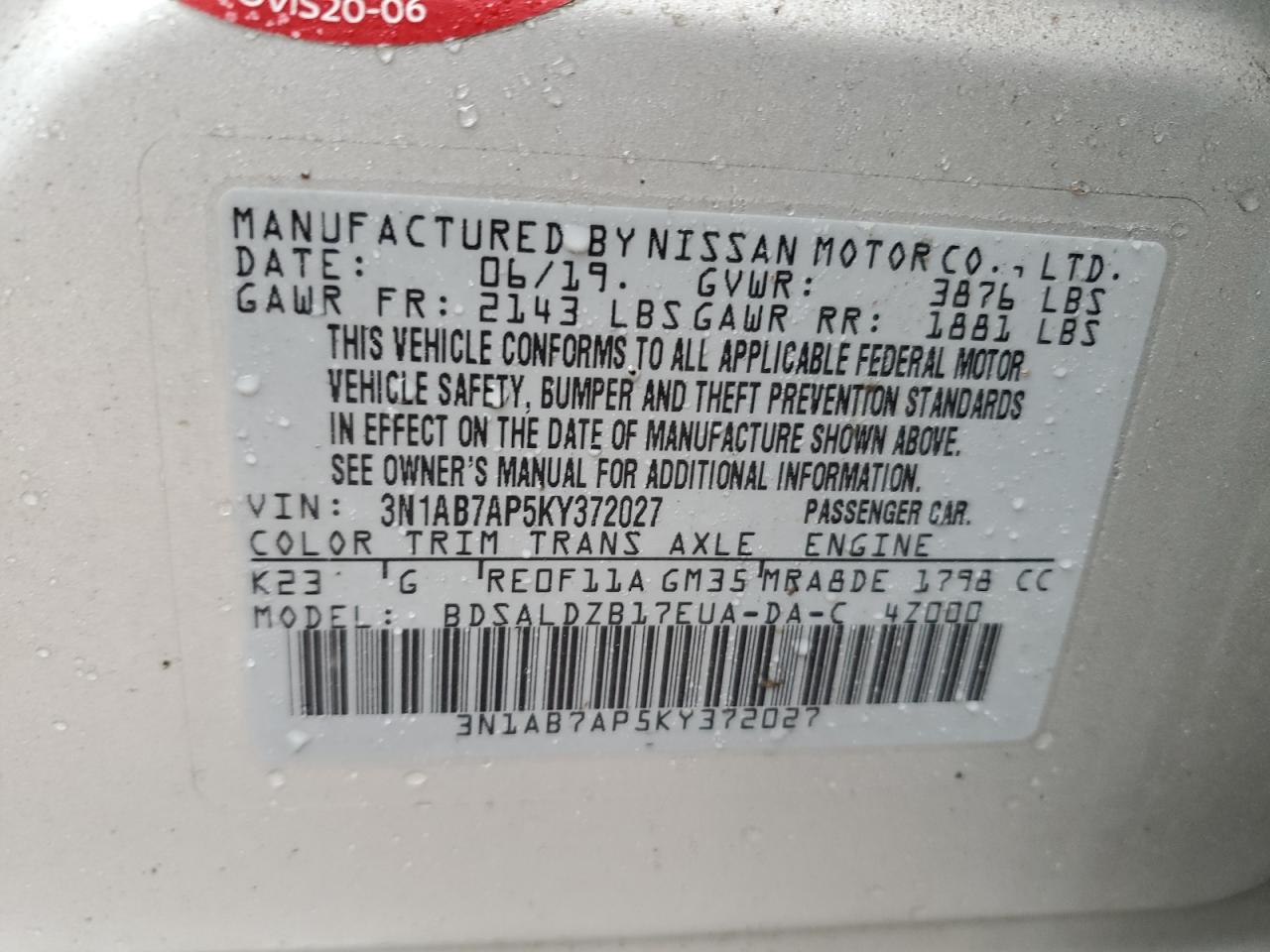 3N1AB7AP5KY372027 2019 Nissan Sentra S