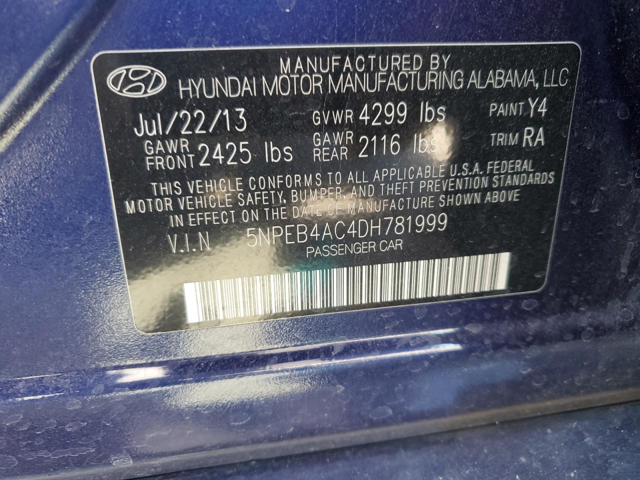 5NPEB4AC4DH781999 2013 Hyundai Sonata Gls