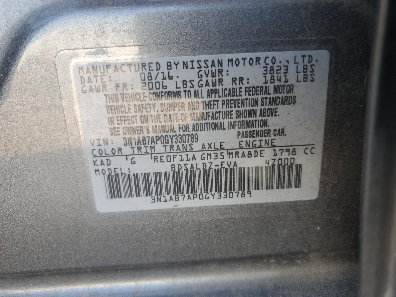 3N1AB7AP0GY330789 NISSAN SENTRA 2016