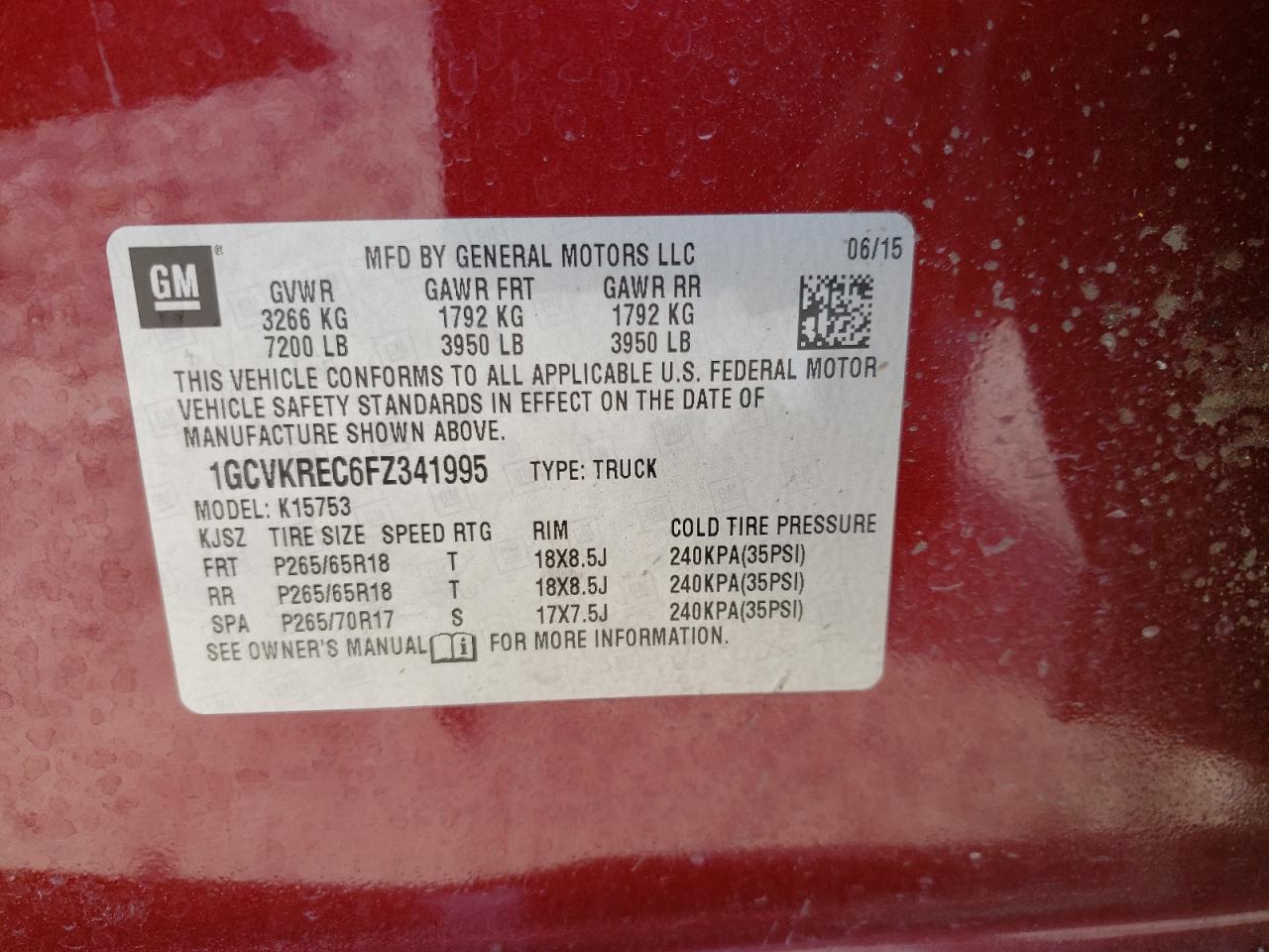 1GCVKREC6FZ341995 2015 Chevrolet Silverado K1500 Lt