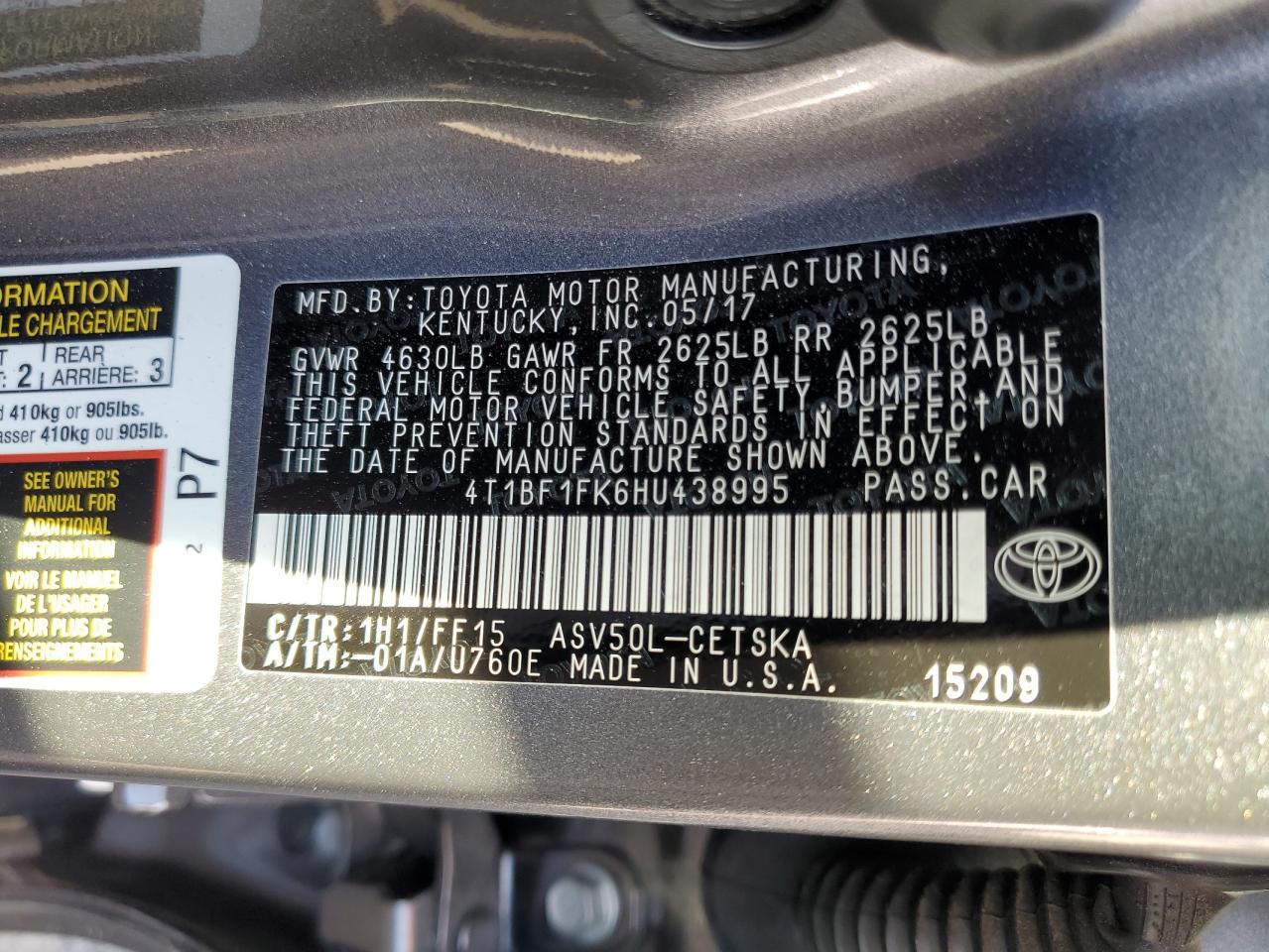 4T1BF1FK6HU438995 TOYOTA CAMRY 2017