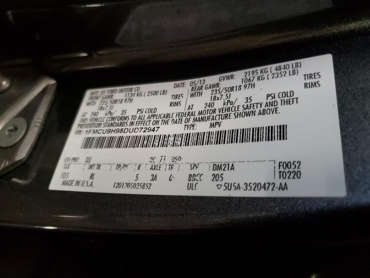 1FMCU9H98DUD72947 2013 Ford Escape Sel