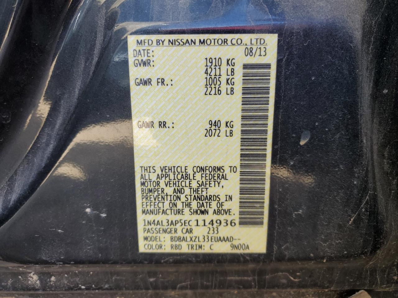 2014 Nissan Altima 2.5 vin: 1N4AL3AP5EC114936