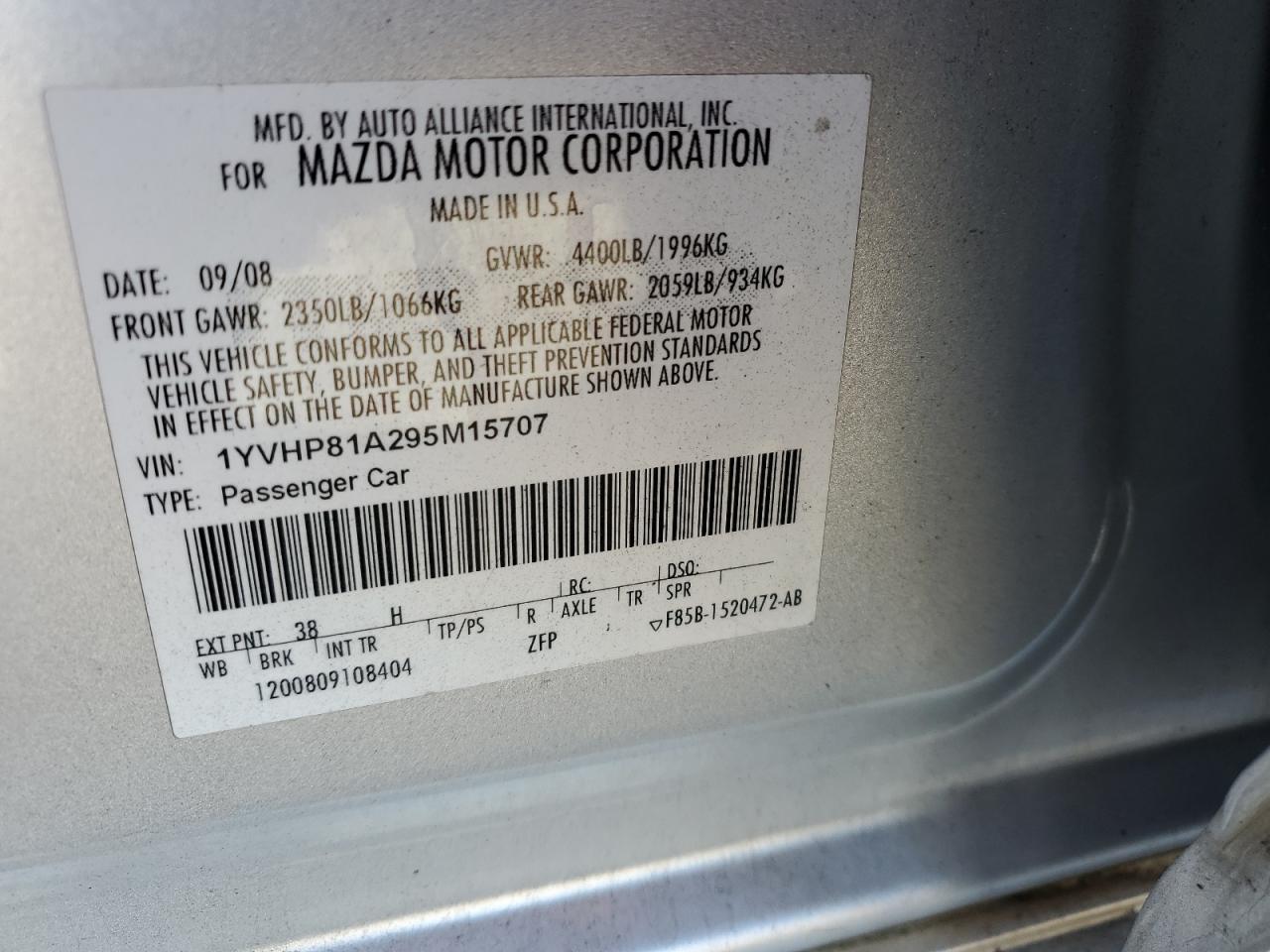 1YVHP81A295M15707 2009 Mazda 6 I