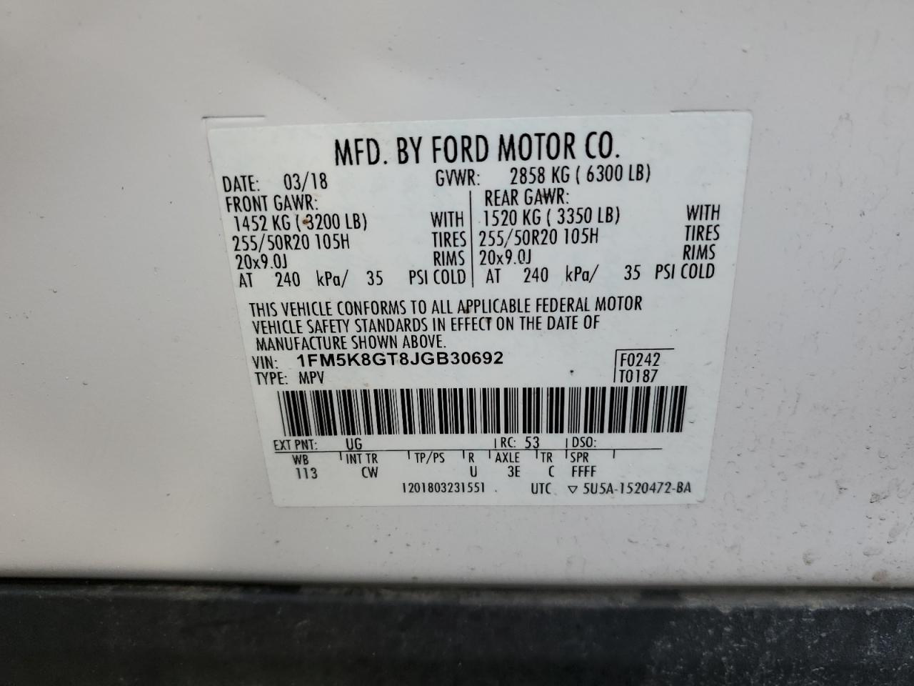 1FM5K8GT8JGB30692 FORD EXPLORER 2018