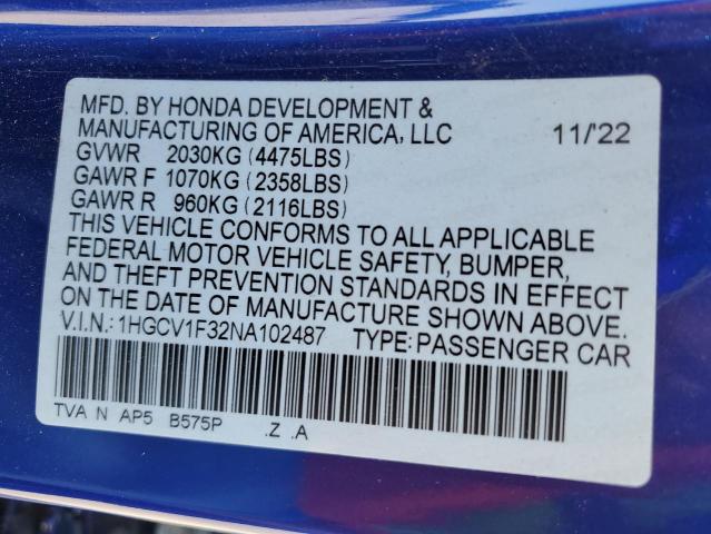 2022 HONDA ACCORD SPO 1HGCV1F32NA102487