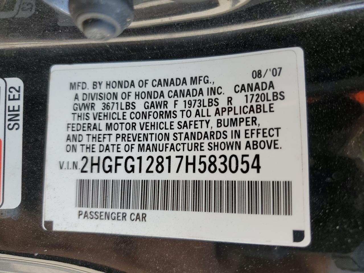 2HGFG12817H583054 2007 Honda Civic Ex