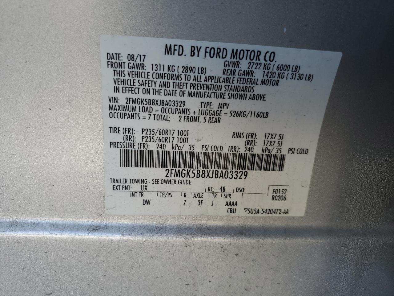 2FMGK5B8XJBA03329 FORD FLEX 2018