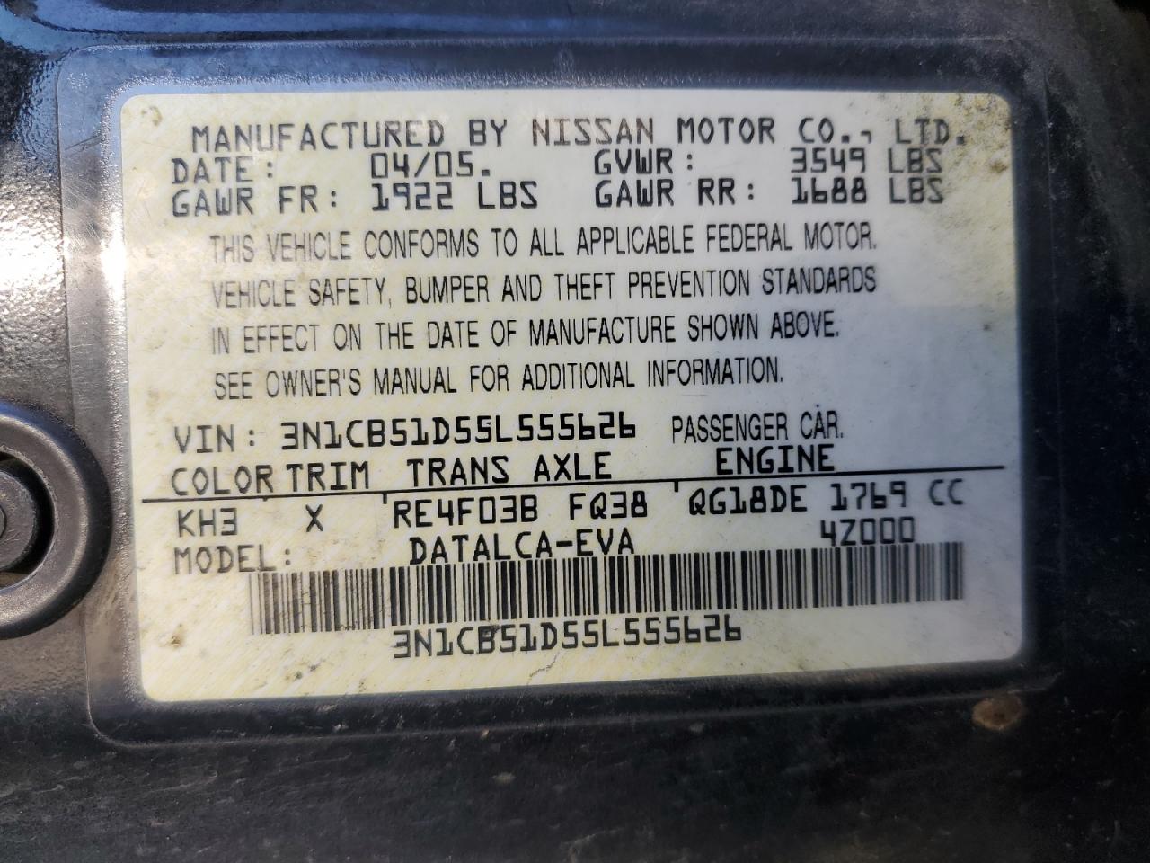 3N1CB51D55L555626 2005 Nissan Sentra 1.8