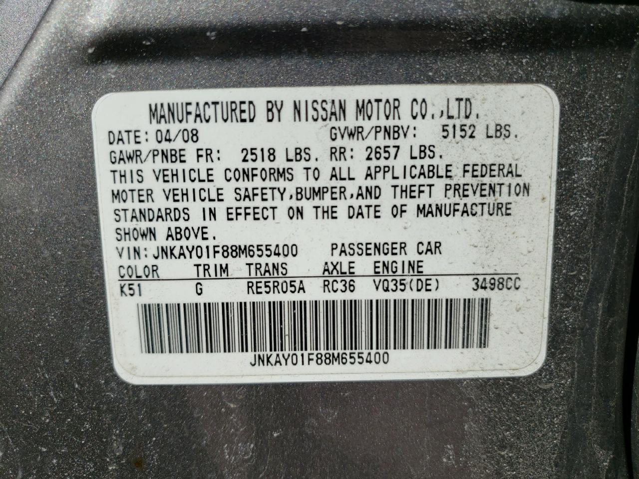 JNKAY01F88M655400 2008 Infiniti M35 Base