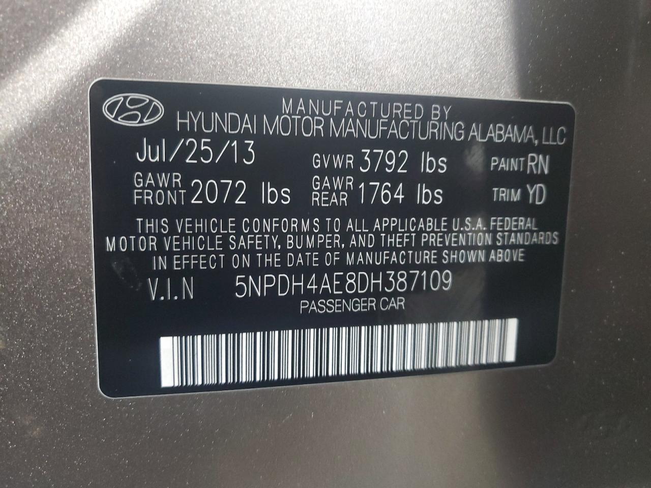 2013 Hyundai Elantra Gls vin: 5NPDH4AE8DH387109