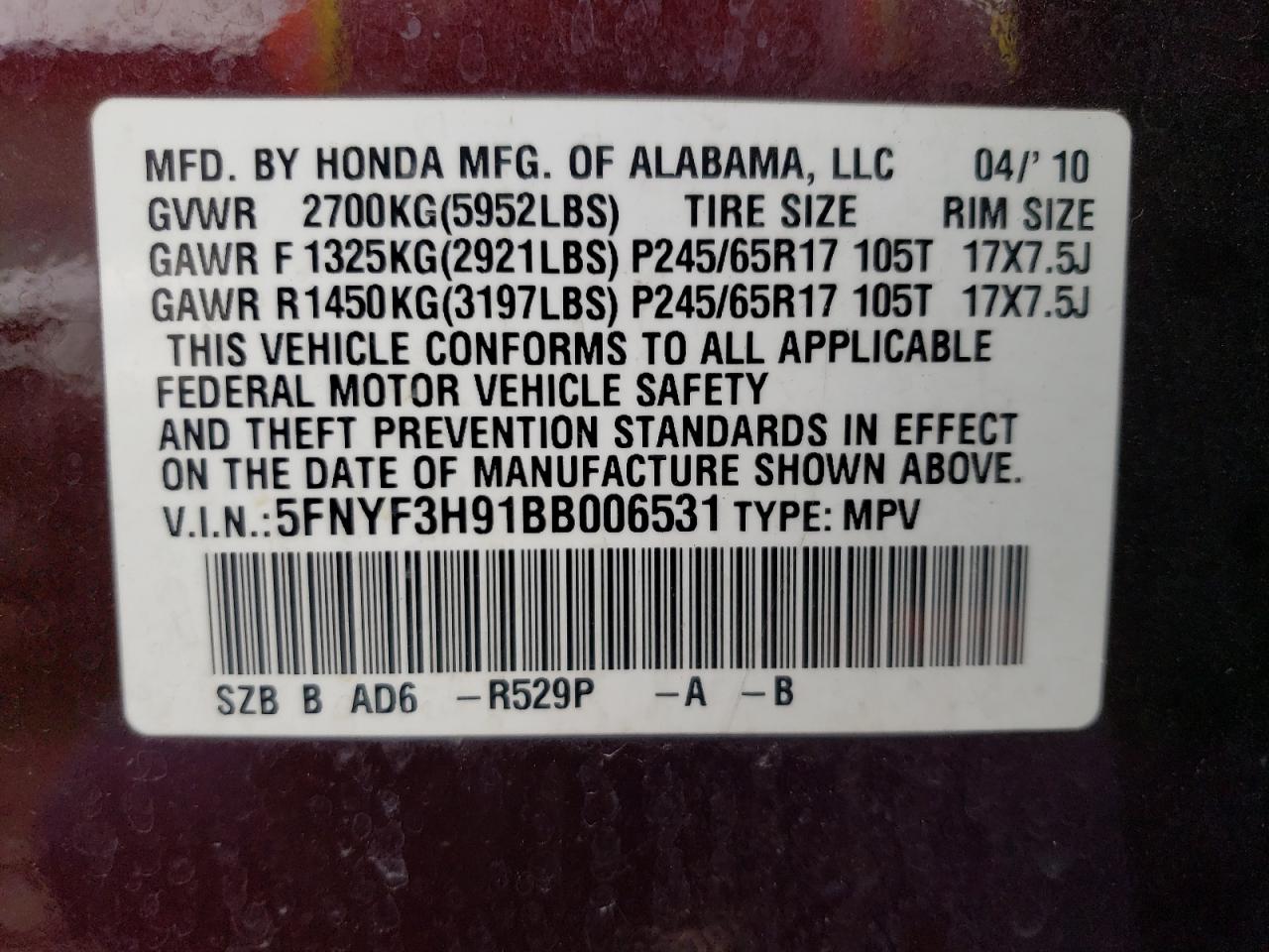 5FNYF3H91BB006531 2011 Honda Pilot Touring