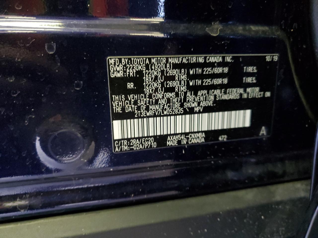 2T3EWRFV7LW052835 TOYOTA RAV4 2020