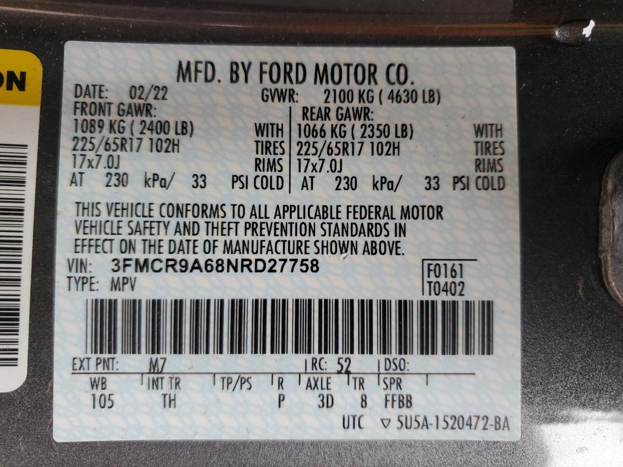 3FMCR9A68NRD27758 FORD BRONCO 2022