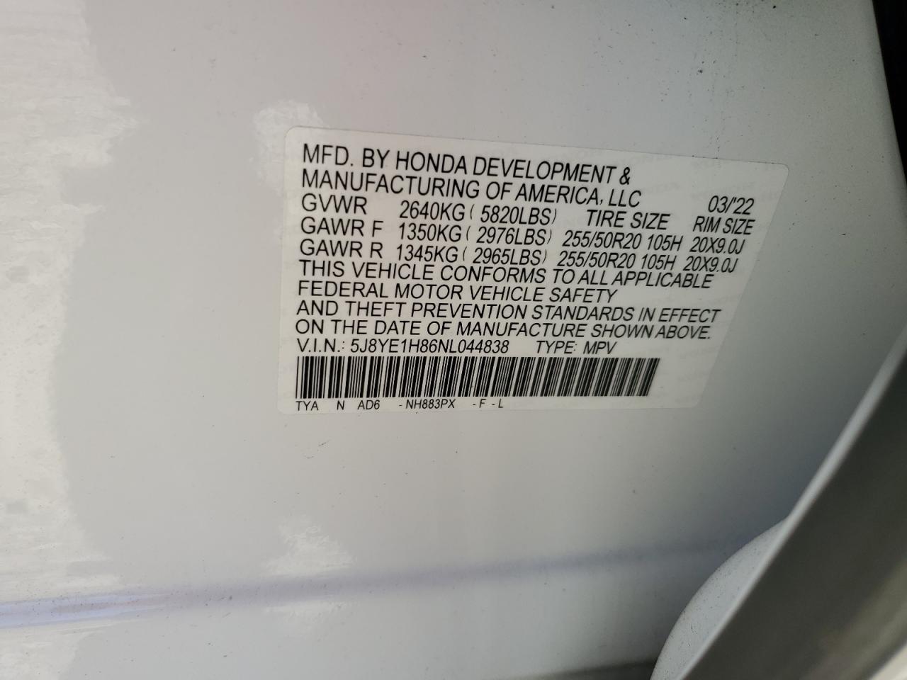 5J8YE1H86NL044838 ACURA MDX 2022