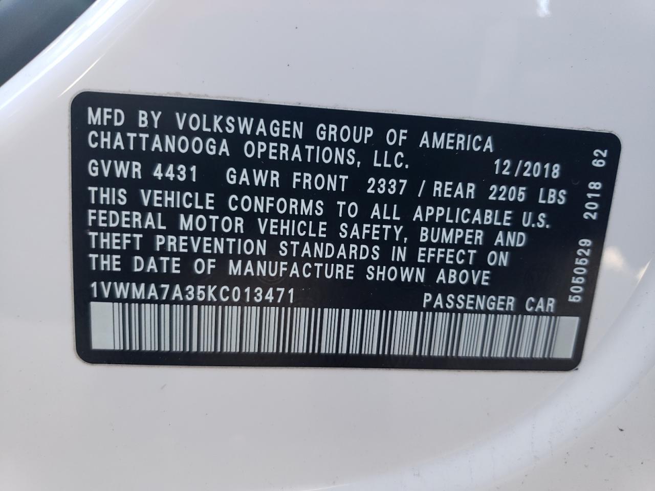 2019 Volkswagen Passat Se 2.0L(VIN: 1VWMA7A35KC013471