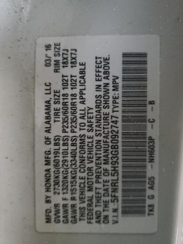 5FNRL5H93GB092747 2016 Honda Odyssey Touring