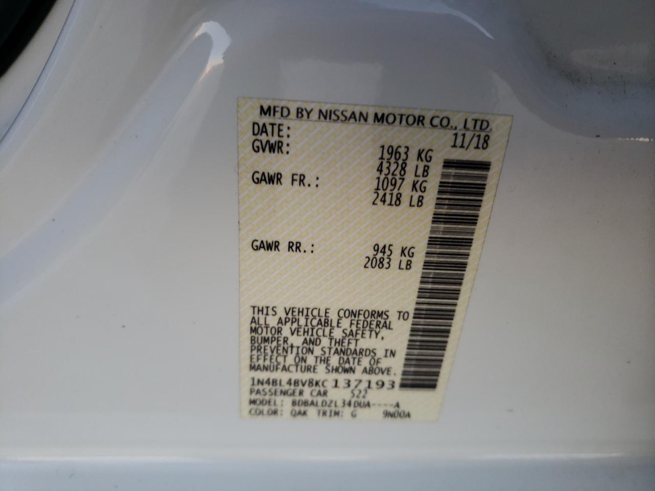 1N4BL4BV8KC137193 NISSAN ALTIMA 2019