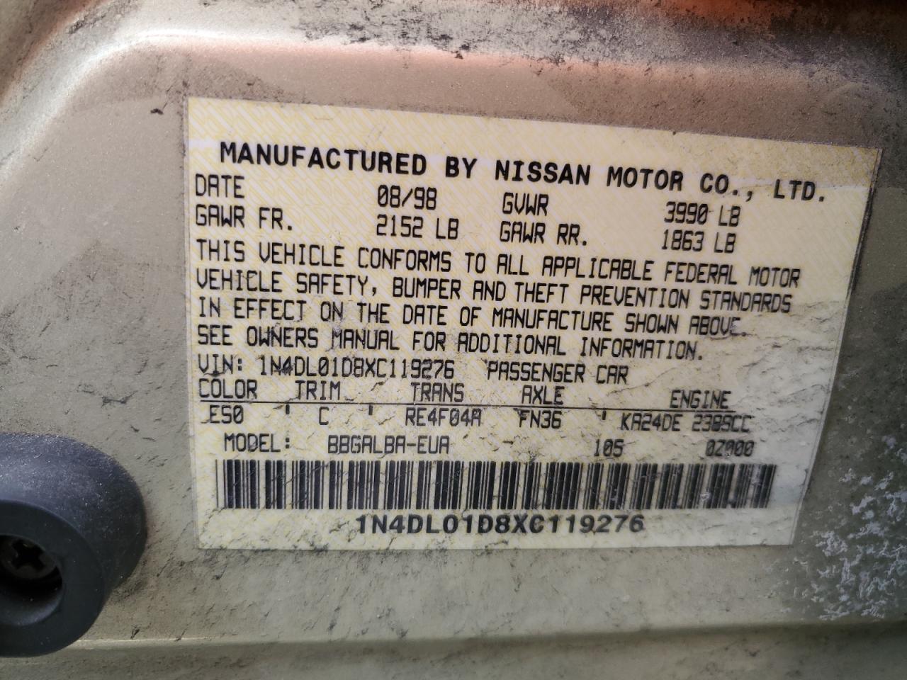 1N4DL01D8XC119276 1999 Nissan Altima Xe