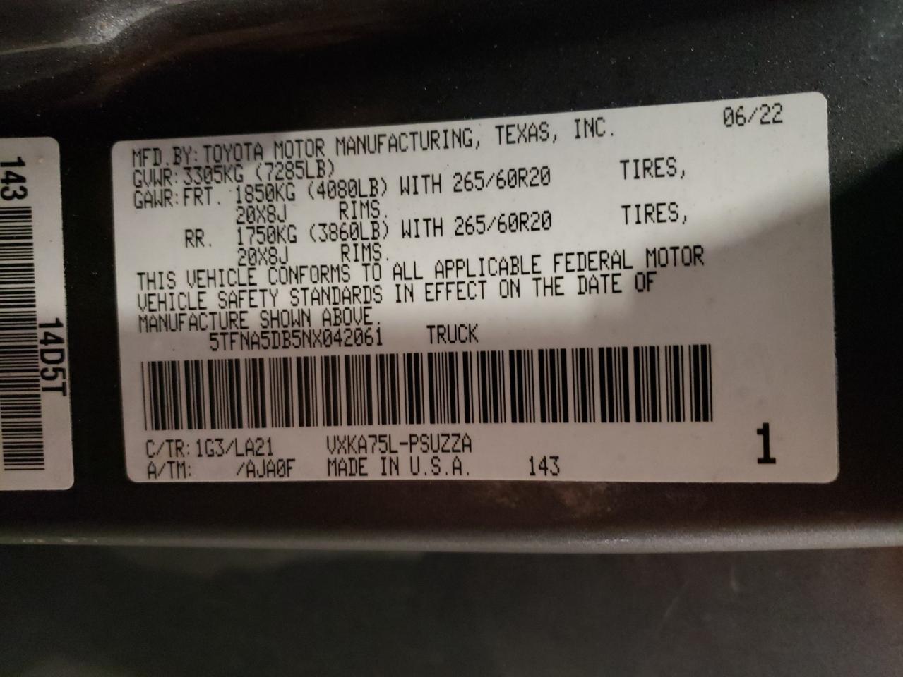 5TFNA5DB5NX042061 TOYOTA TUNDRA 2022