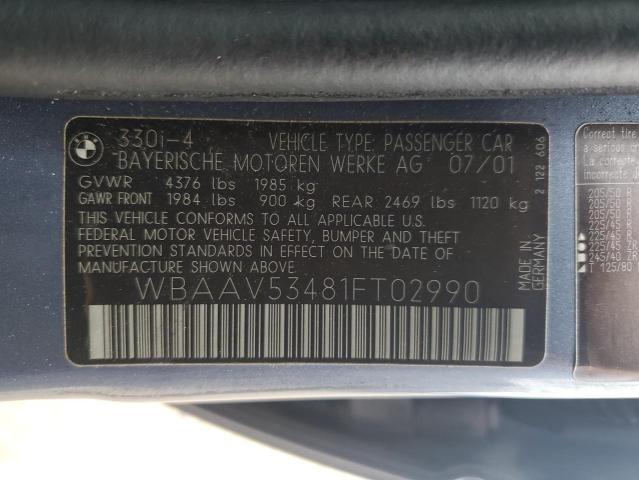 2001 BMW 330 I VIN: WBAAV53481FT02990 Lot: 41732204