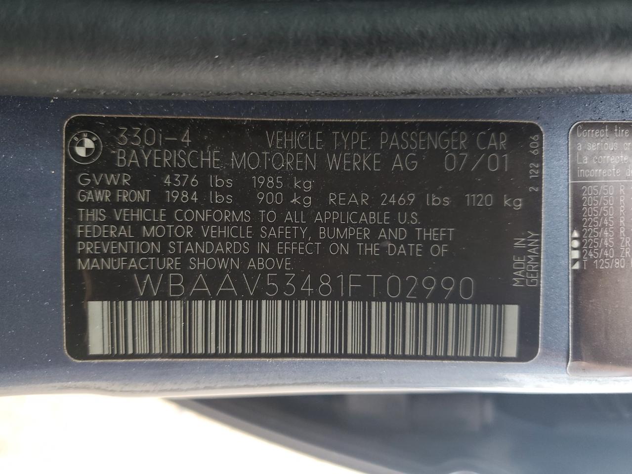 WBAAV53481FT02990 2001 BMW 330 I