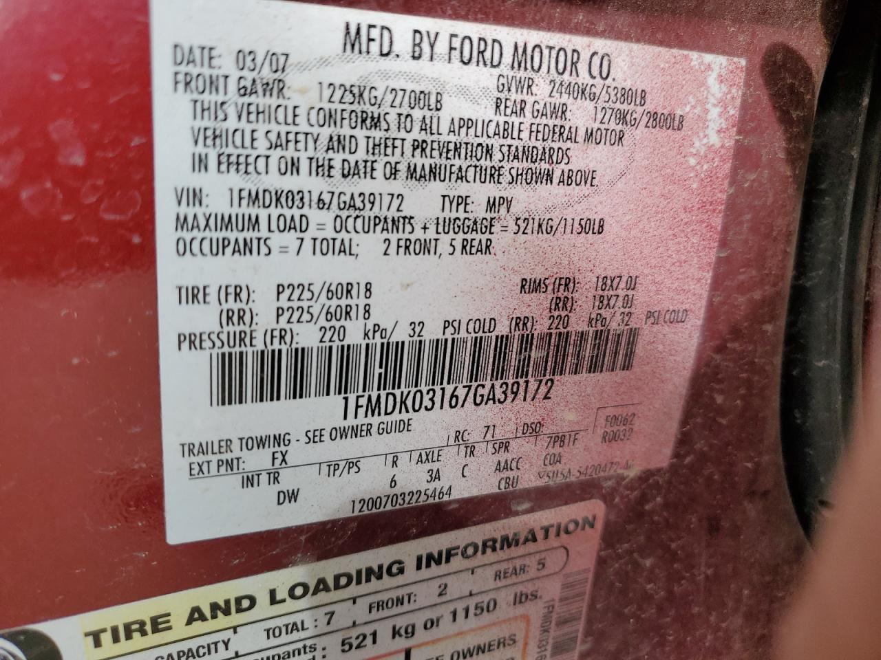 1fmdk03167ga39172 1FMDK03167GA39172 2007 Ford Freestyle Limited