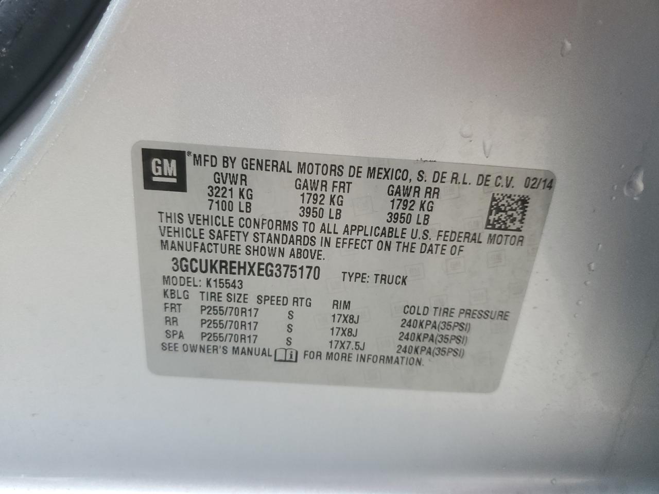 3GCUKREHXEG375170 2014 Chevrolet Silverado K1500 Lt