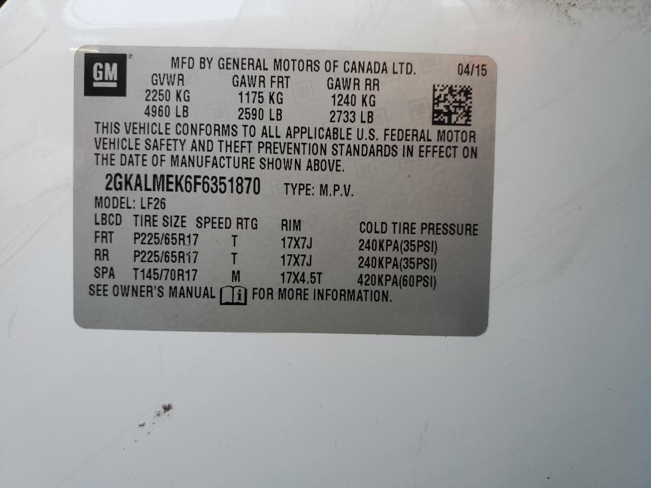 2GKALMEK6F6351870 2015 GMC Terrain Sle