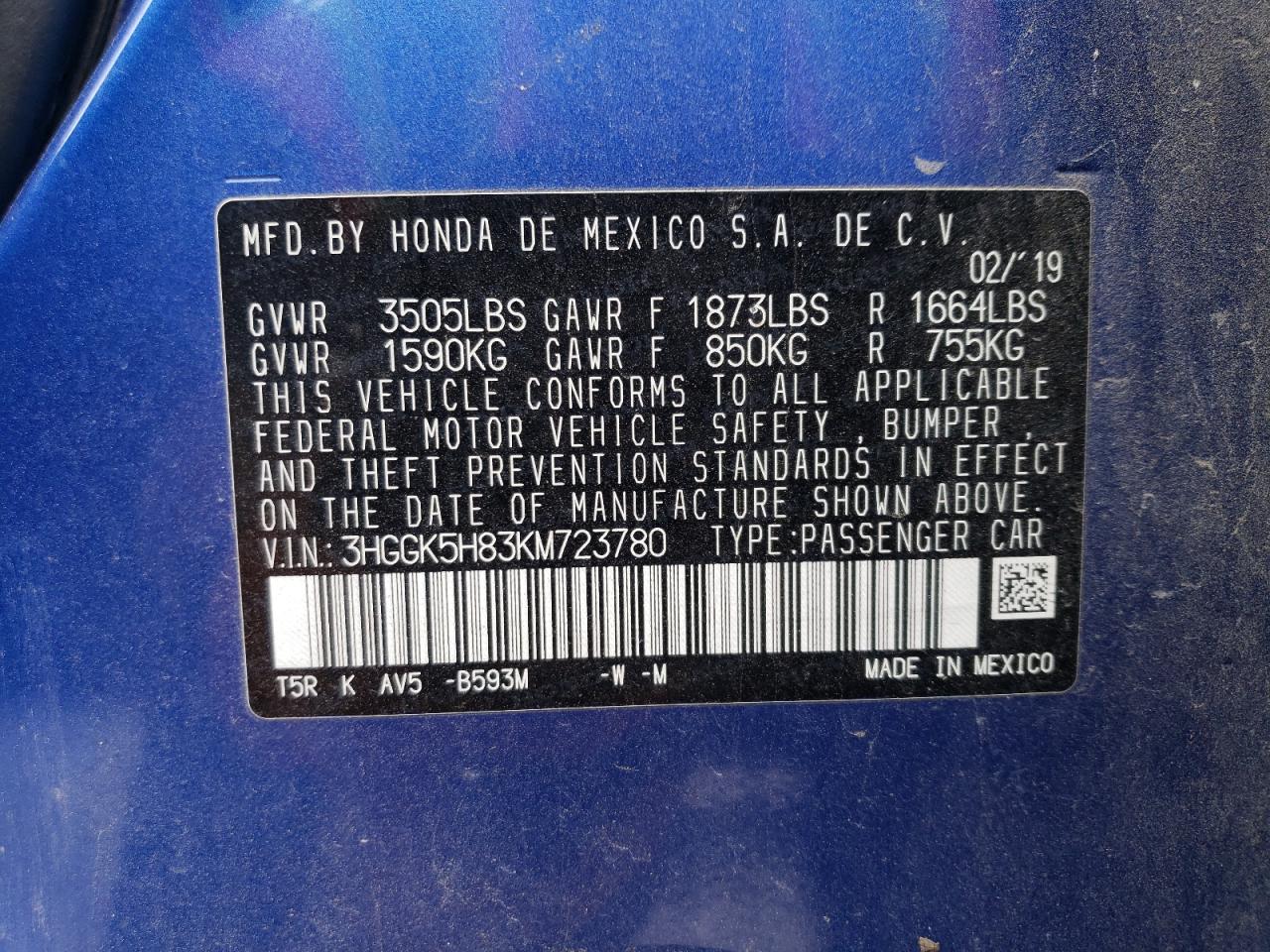 3HGGK5H83KM723780 HONDA FIT 2019