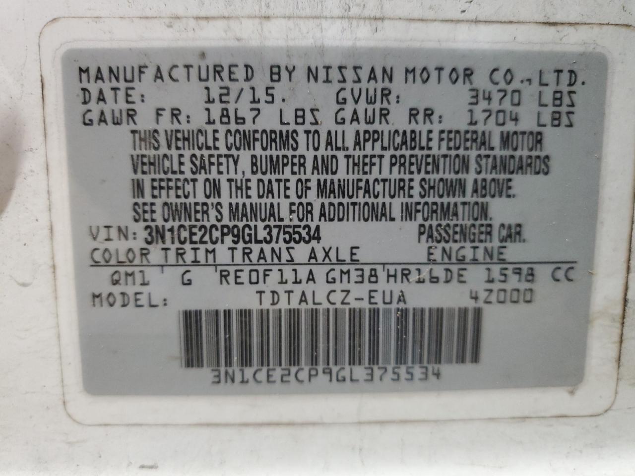 3N1CE2CP9GL375534 2016 Nissan Versa Note S